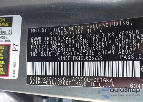 2012 Toyota Camry Xle from USA, damaged, VIN 4T1BF1FK4CU625225